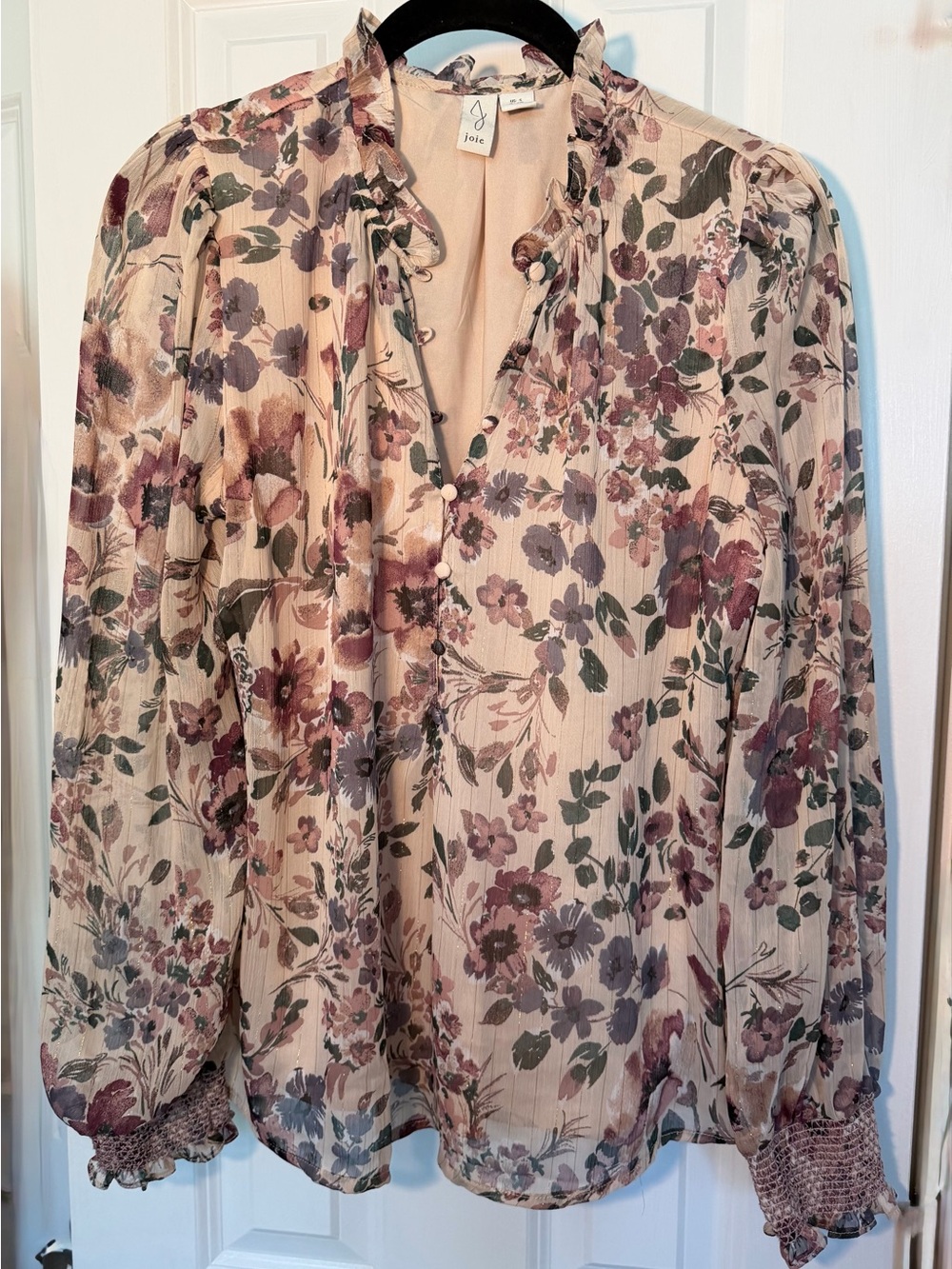 Joie Cream Floral Ruffle-Neck Blouse with Mauve and Green Accents